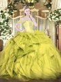 Olive Green Ball Gowns Off The Shoulder Sleeveless Organza Floor Length Lace Up Beading and Ruffles Quinceanera Dresses