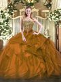 Flirting Floor Length Lace Up 15th Birthday Dress Brown for Military Ball and Sweet 16 and Quinceanera with Beading and Ruffles