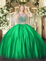 Chic Green Sleeveless Floor Length Beading Lace Up Quinceanera Gown