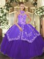Attractive Halter Top Sleeveless Quinceanera Gowns Floor Length Beading and Embroidery Purple Satin and Tulle