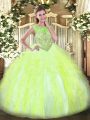 Noble Sleeveless Organza Floor Length Lace Up 15th Birthday Dress in Yellow Green with Beading and Ruffles