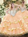Peach Quinceanera Dresses Military Ball and Sweet 16 and Quinceanera with Beading and Ruffled Layers Scoop Sleeveless Zipper