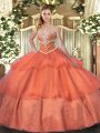 Orange Red Tulle Lace Up Sweetheart Sleeveless Floor Length Quinceanera Dress Beading and Ruffled Layers