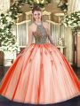 Cheap Coral Red Halter Top Lace Up Beading 15th Birthday Dress Sleeveless