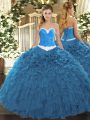 Sleeveless Floor Length Appliques and Ruffles Lace Up Quince Ball Gowns with Blue