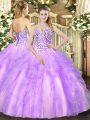 Beautiful Sweetheart Sleeveless 15th Birthday Dress Floor Length Beading and Ruffles Lavender Tulle