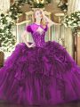 Romantic Purple Ball Gowns Beading and Ruffles Quinceanera Dress Lace Up Organza Sleeveless Floor Length
