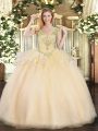 Ideal Sleeveless Floor Length Beading Lace Up Quinceanera Gowns with Champagne