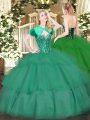 Customized Turquoise Lace Up Ball Gown Prom Dress Beading and Ruffled Layers Sleeveless Floor Length