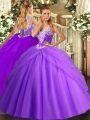 Fitting Tulle Straps Sleeveless Lace Up Beading and Pick Ups Quince Ball Gowns in Lavender