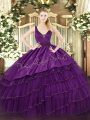 Purple Sleeveless Organza and Taffeta Zipper Sweet 16 Dress for Military Ball and Sweet 16 and Quinceanera