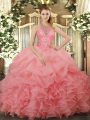 Simple Watermelon Red Sleeveless Floor Length Beading and Ruffles and Pick Ups Lace Up Quinceanera Dress