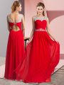 Red Clasp Handle Scoop Beading Prom Party Dress Chiffon Sleeveless