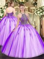 Sophisticated Floor Length Eggplant Purple Quinceanera Gowns Tulle Sleeveless Beading