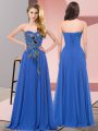 Floor Length Lace Up Prom Dresses Blue for Prom and Party with Embroidery
