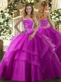 Traditional Fuchsia Ball Gowns Beading and Ruffled Layers Quinceanera Dress Lace Up Tulle Sleeveless Floor Length