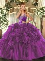 Eggplant Purple Organza Lace Up 15 Quinceanera Dress Sleeveless Floor Length Beading and Ruffles