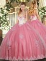 Great Sleeveless Floor Length Beading and Appliques Lace Up Sweet 16 Dresses with Watermelon Red
