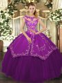 Nice Scoop Cap Sleeves Lace Up Quinceanera Dress Eggplant Purple Satin and Tulle