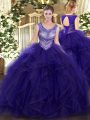 Smart Purple Ball Gowns Scoop Sleeveless Organza and Tulle Floor Length Lace Up Beading and Ruffles Sweet 16 Dress
