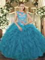 Teal Scoop Neckline Beading and Ruffles Sweet 16 Quinceanera Dress Cap Sleeves Lace Up