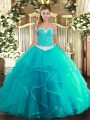High Class Appliques and Ruffles Quinceanera Dress Turquoise Lace Up Sleeveless Floor Length