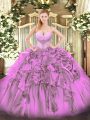 Floor Length Lace Up Quinceanera Dresses Lilac for Military Ball and Sweet 16 and Quinceanera with Beading and Ruffles