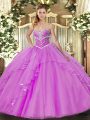 Tulle Sweetheart Sleeveless Lace Up Beading and Ruffles Quince Ball Gowns in Lilac