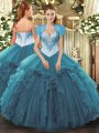 Top Selling Floor Length Lace Up 15 Quinceanera Dress Teal for Military Ball and Sweet 16 and Quinceanera with Beading and Ruffles