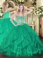 Floor Length Lace Up Quinceanera Gown Turquoise for Sweet 16 and Quinceanera with Beading and Ruffles
