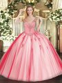 Fancy Coral Red Lace Up V-neck Beading Quinceanera Gowns Tulle Sleeveless
