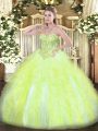 Hot Selling Sleeveless Floor Length Appliques and Ruffles Lace Up Quinceanera Gowns with Yellow Green