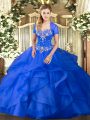 Colorful Blue Sleeveless Tulle Lace Up Quinceanera Gown for Military Ball and Sweet 16 and Quinceanera