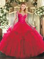 Red Quinceanera Gowns Military Ball and Sweet 16 and Quinceanera with Lace and Ruffles Scoop Long Sleeves Lace Up