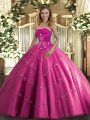 Beauteous Strapless Sleeveless Sweet 16 Dresses Floor Length Beading and Appliques Hot Pink Tulle