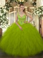 Olive Green Sleeveless Floor Length Beading and Ruffles Zipper 15th Birthday Dress