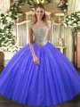 Wonderful Blue Sleeveless Floor Length Beading Lace Up Quinceanera Gown