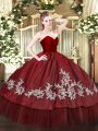 Wine Red Ball Gowns Organza and Taffeta Sweetheart Sleeveless Embroidery Floor Length Zipper Quinceanera Gown