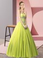 Sleeveless Tulle Floor Length Lace Up Prom Evening Gown in Yellow Green with Beading