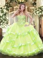 Yellow Green Sleeveless Appliques and Ruffled Layers Floor Length 15 Quinceanera Dress