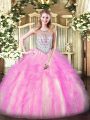 Tulle Scoop Sleeveless Zipper Beading and Ruffles 15 Quinceanera Dress in Lilac