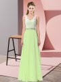 Yellow Green Empire Chiffon V-neck Sleeveless Beading Floor Length Backless Prom Evening Gown