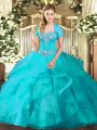 Sumptuous Sleeveless Tulle Floor Length Lace Up Sweet 16 Dress in Aqua Blue with Beading and Ruffles