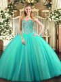 Discount Aqua Blue Ball Gowns Tulle Sweetheart Sleeveless Beading Floor Length Lace Up Vestidos de Quinceanera
