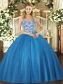 Perfect Sleeveless Tulle Floor Length Lace Up Ball Gown Prom Dress in Blue with Beading and Appliques
