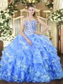 Beautiful Blue Ball Gowns Organza Sweetheart Sleeveless Beading and Ruffled Layers Floor Length Lace Up Vestidos de Quinceanera