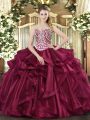 Sleeveless Organza Floor Length Lace Up Sweet 16 Dress in Wine Red with Beading and Ruffles