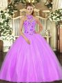 Classical Halter Top Sleeveless Lace Up Quince Ball Gowns Lilac Tulle