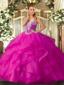 Fuchsia Ball Gowns Tulle Straps Sleeveless Beading and Ruffles Floor Length Lace Up Quince Ball Gowns
