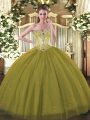 Fabulous Olive Green Tulle and Sequined Lace Up Sweetheart Sleeveless Floor Length Quinceanera Gowns Beading